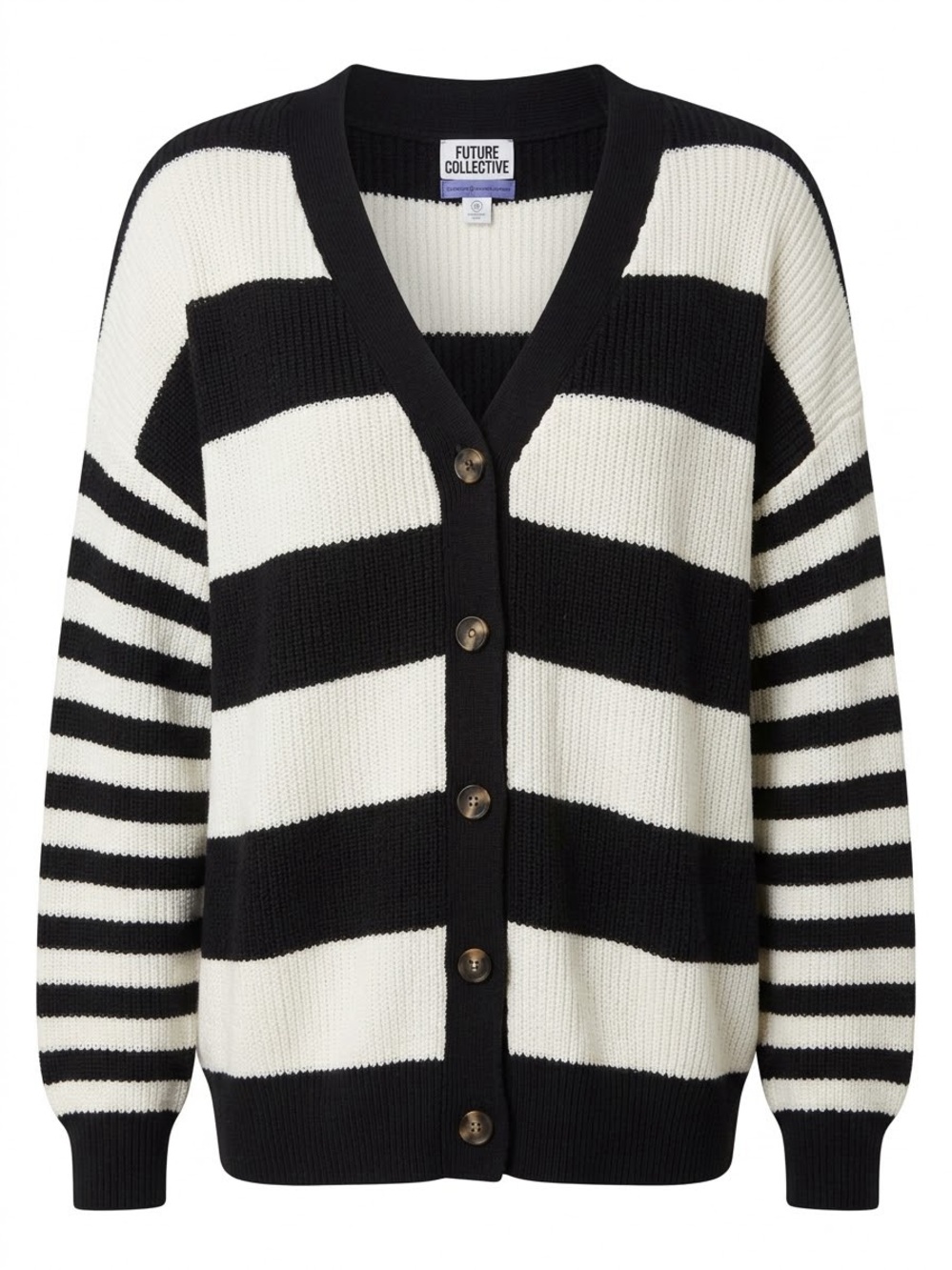 Future Collective Black & White Striped V-Neck Button Cardigan